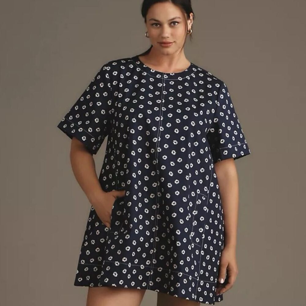 Anthropologie Maeve Emmy Short Sleeve Swing Dress Navy Shibori Print Cotton L